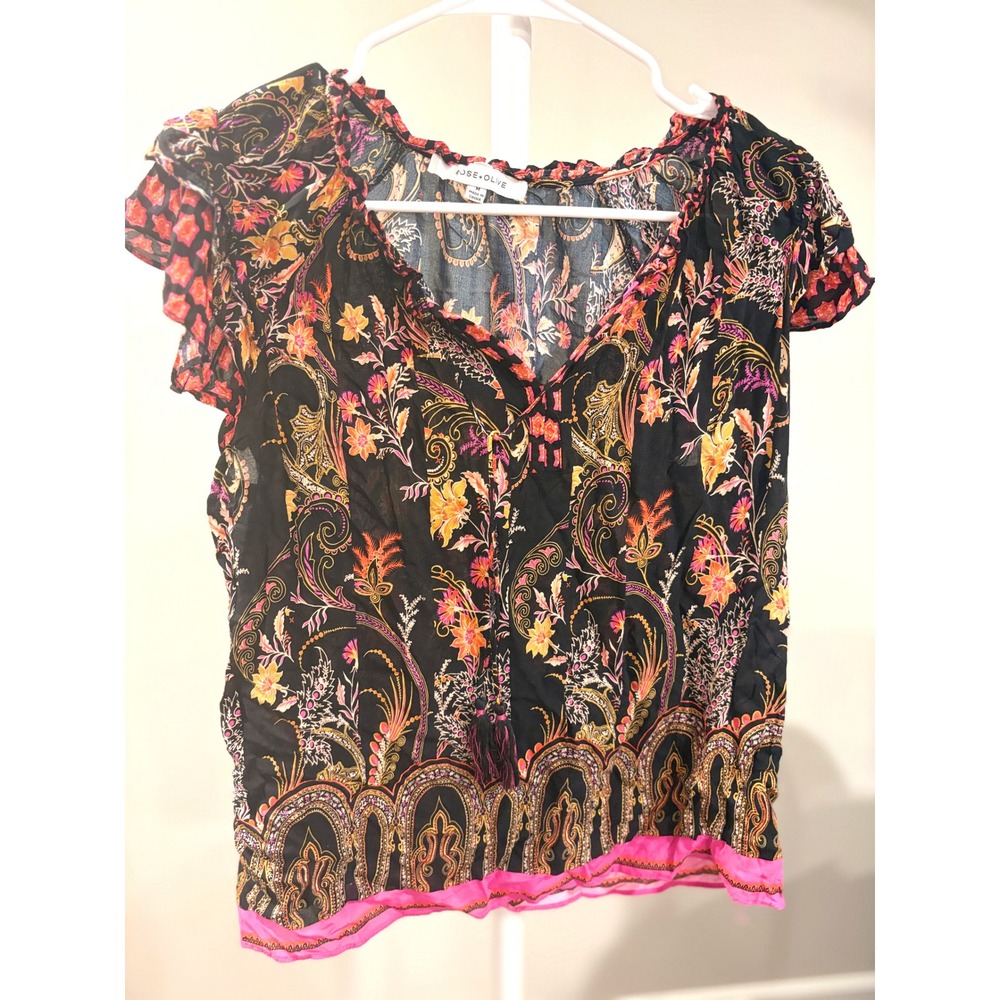 Fall Cottage Whimsigoth Paisley Floral Tassel Tie Flutter Sleeve Blouse Medium